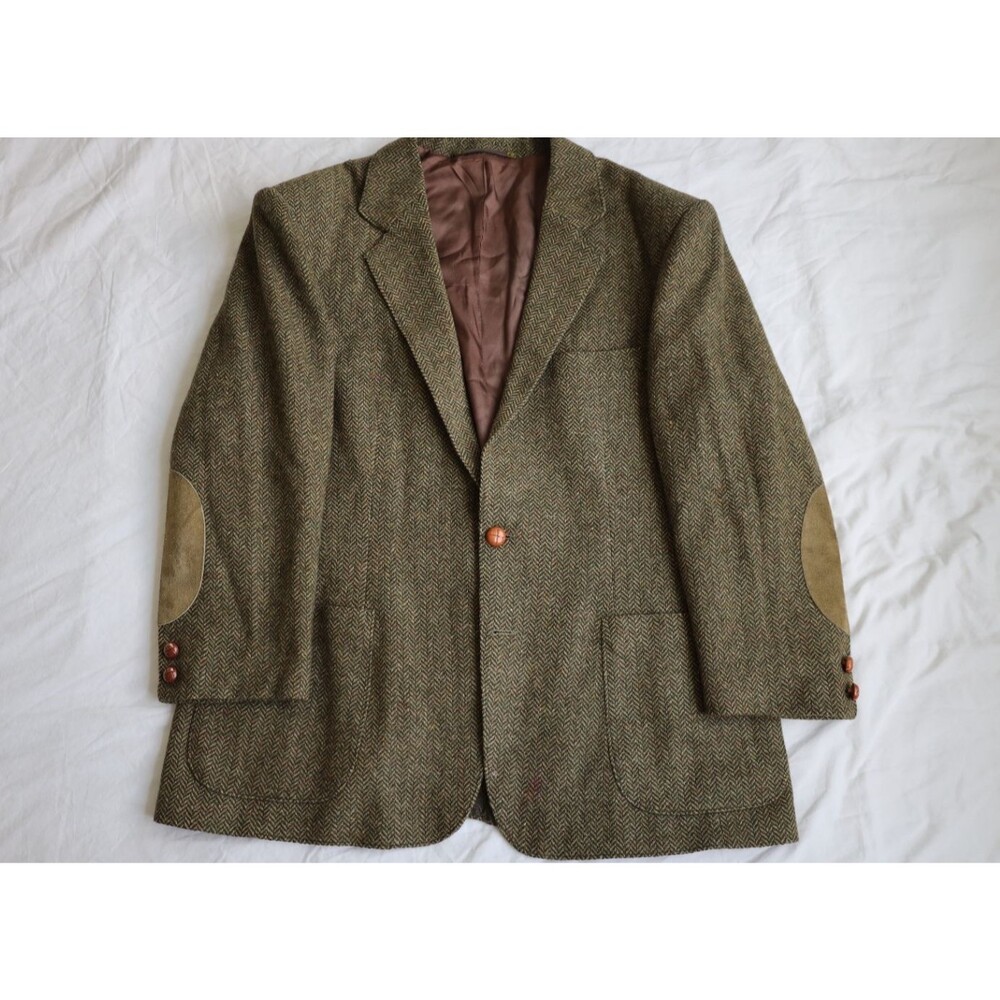 READ Vintage Men’s Herringbone Tweed Blazer Brown Green Suede Elbow Patches